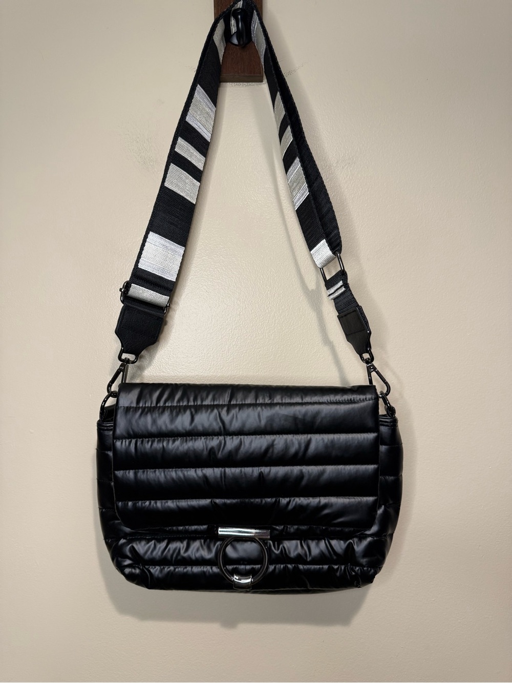 THINK ROYLN Black Quilted Crossbody with Striped Strap